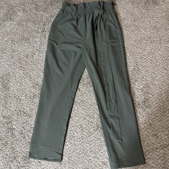 Grace Karin Pants Womens Medium Green Paperbag Waist Tie Belt High Rise Pockets - Picture 1 of 14